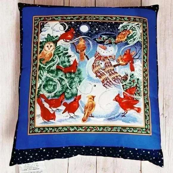 VTG Snowman & Feather Friends Square Printed Pillow Snowy Night Christmas Sofa - Picture 1 of 7
